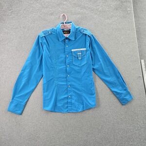 El General Men Button Up Shirt L Blue Back Front Embroidery Western Pearl Snap